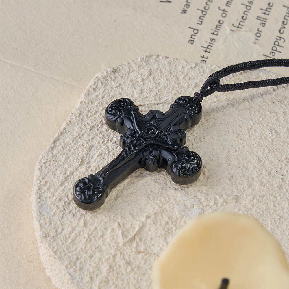 Christianartworkshop Classic Style Crafted Obsidian Crucifix Pendant Necklace - image 4