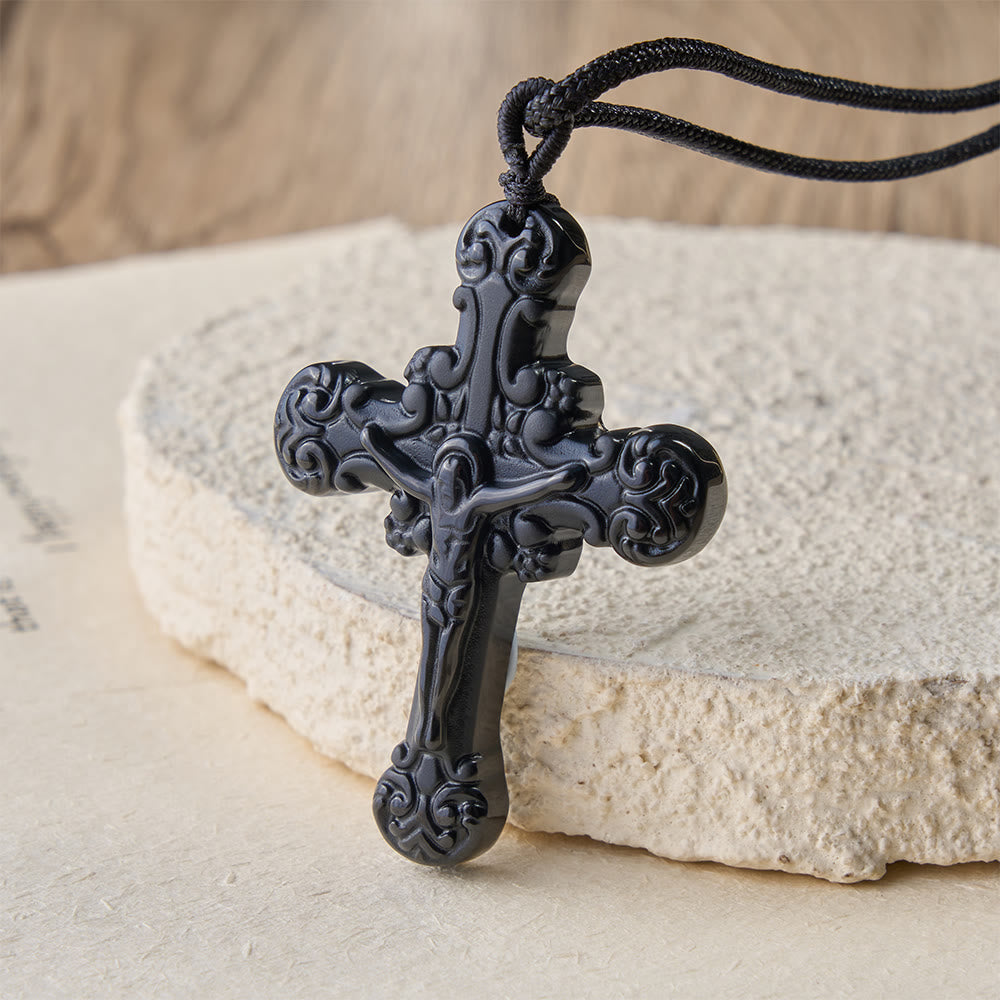Christianartworkshop Classic Style Crafted Obsidian Crucifix Pendant Necklace - Black - image 0