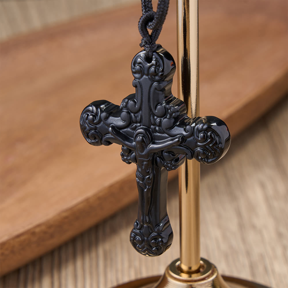 Christianartworkshop Classic Style Crafted Obsidian Crucifix Pendant Necklace - image 1