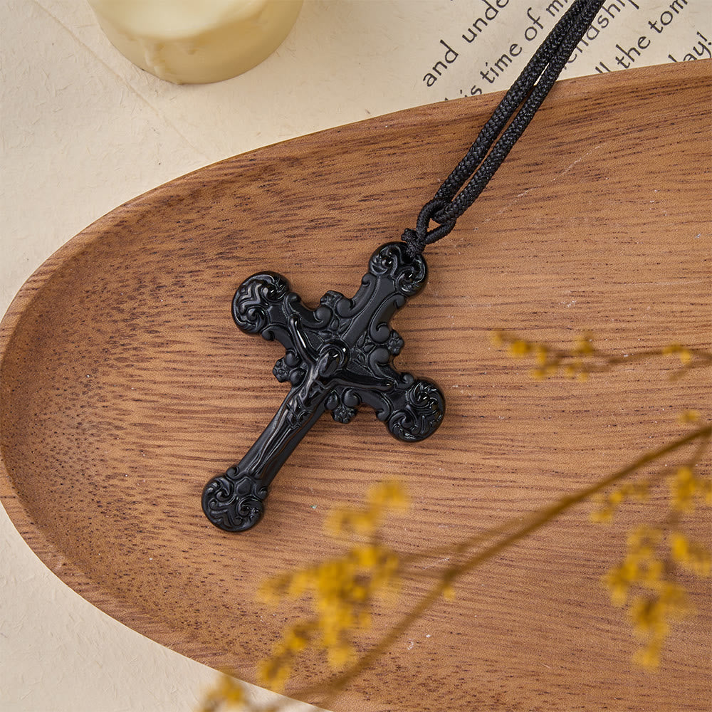Christianartworkshop Classic Style Crafted Obsidian Crucifix Pendant Necklace - image 6