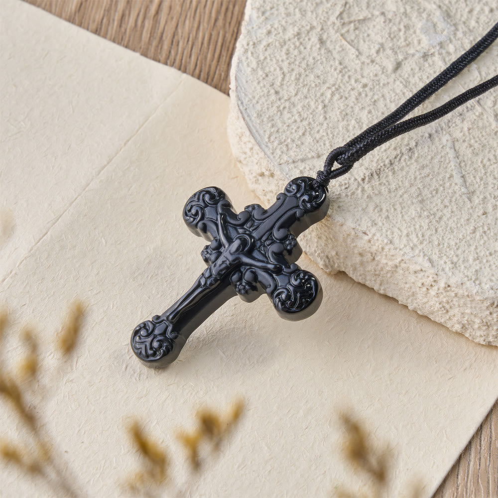 Christianartworkshop Classic Style Crafted Obsidian Crucifix Pendant Necklace - image 8