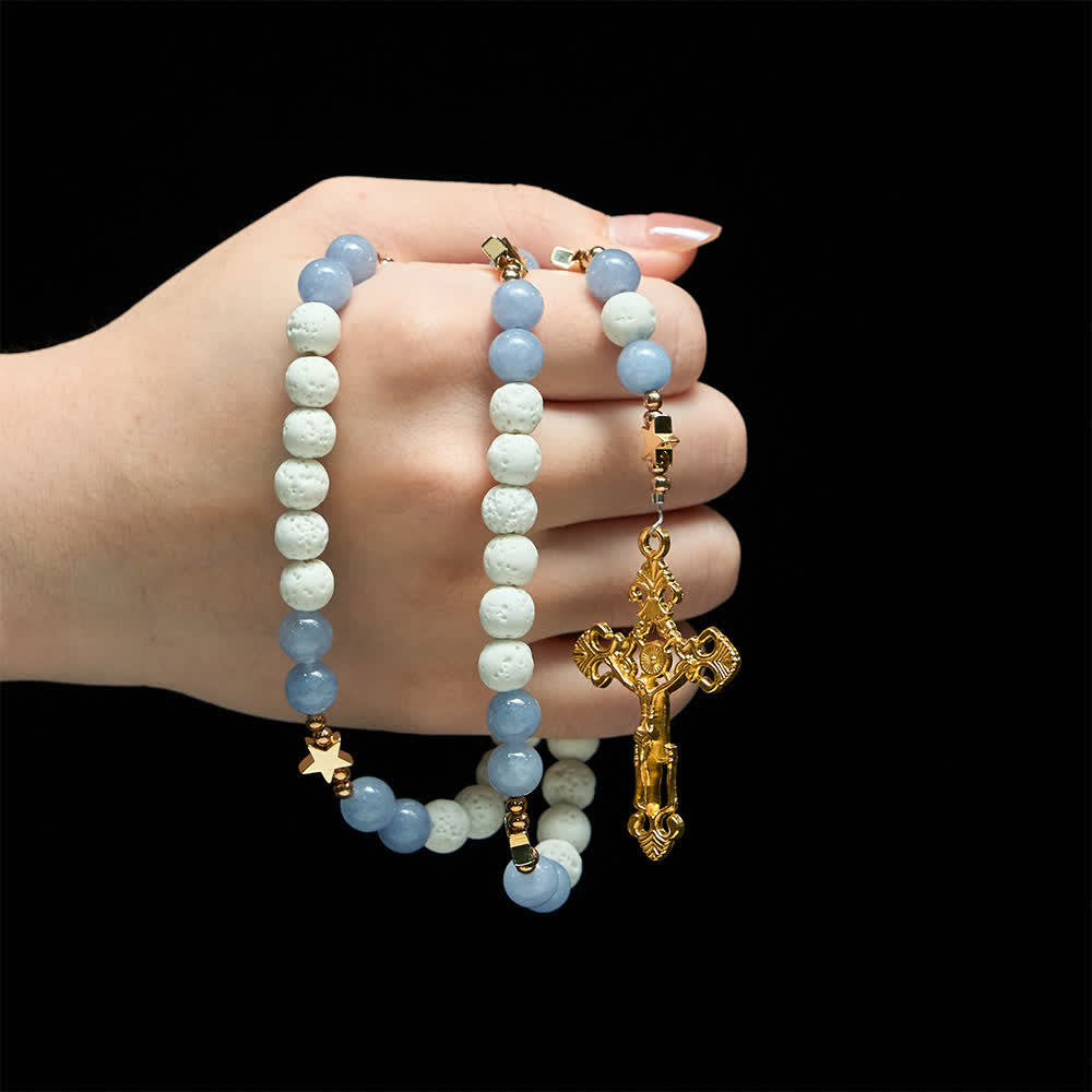 Christianartworkshop Natural White Volcanic Stone & Aquamarine Beads Rosary: Nature's Calm and Starry Dreams - image 1