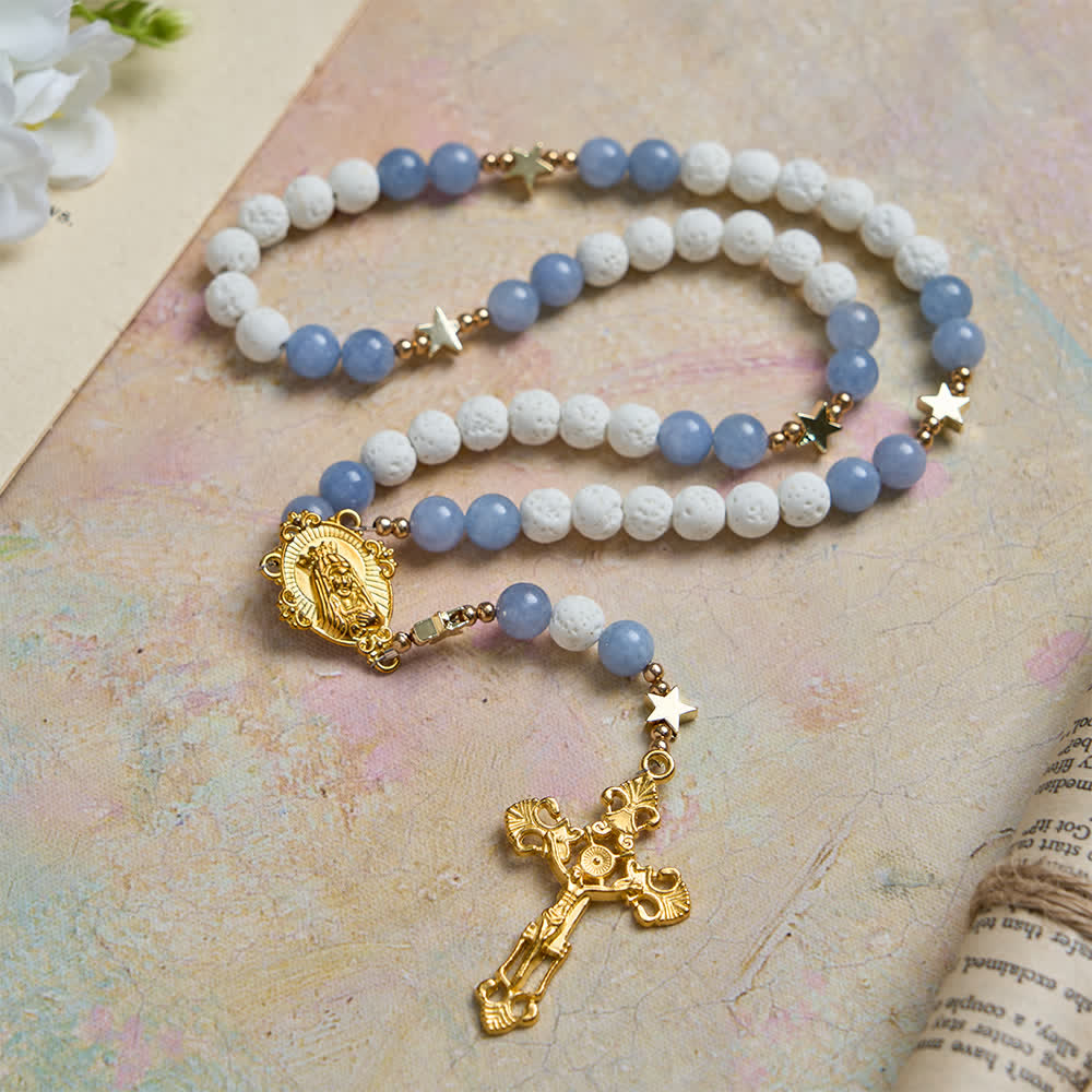 Christianartworkshop Natural White Volcanic Stone & Aquamarine Beads Rosary: Nature's Calm and Starry Dreams - Our Lady & Crucifix - image 0