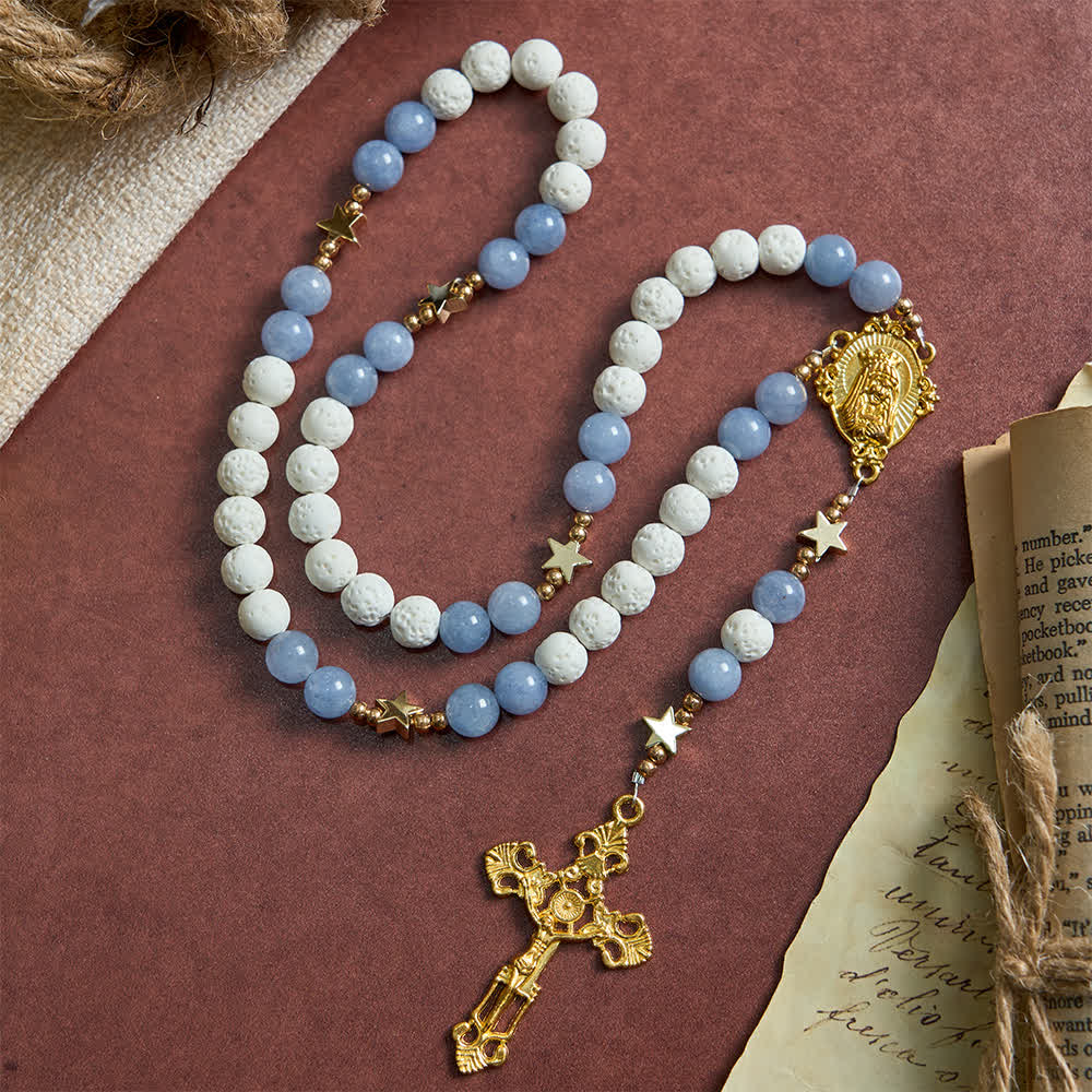 Christianartworkshop Natural White Volcanic Stone & Aquamarine Beads Rosary: Nature's Calm and Starry Dreams - image 2