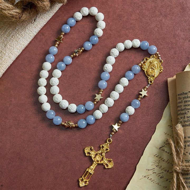 Christianartworkshop Natural White Volcanic Stone & Aquamarine Beads Rosary: Nature's Calm and Starry Dreams - image 2