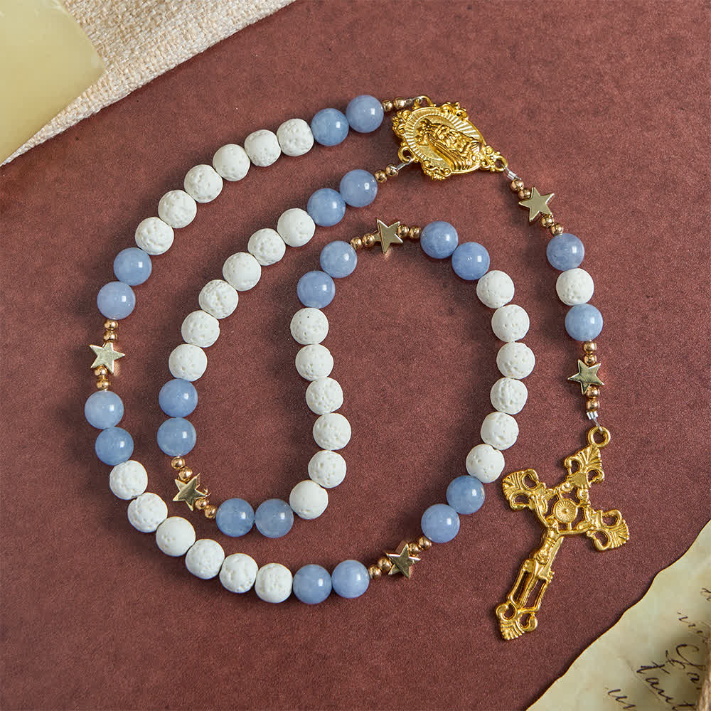 Christianartworkshop Natural White Volcanic Stone & Aquamarine Beads Rosary: Nature's Calm and Starry Dreams - image 3