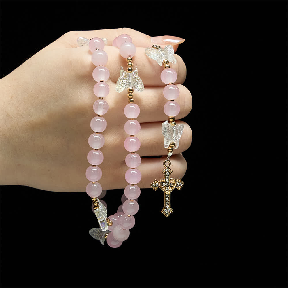 Christianartworkshop Soft Pink Glass Butterfly Rosary with Sparkling Our Lady & Cross - image 1
