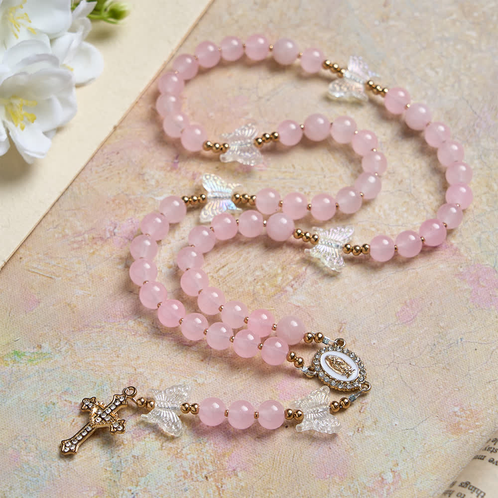 Christianartworkshop Soft Pink Glass Butterfly Rosary with Sparkling Our Lady & Cross - Our Lady & Cross - image 0