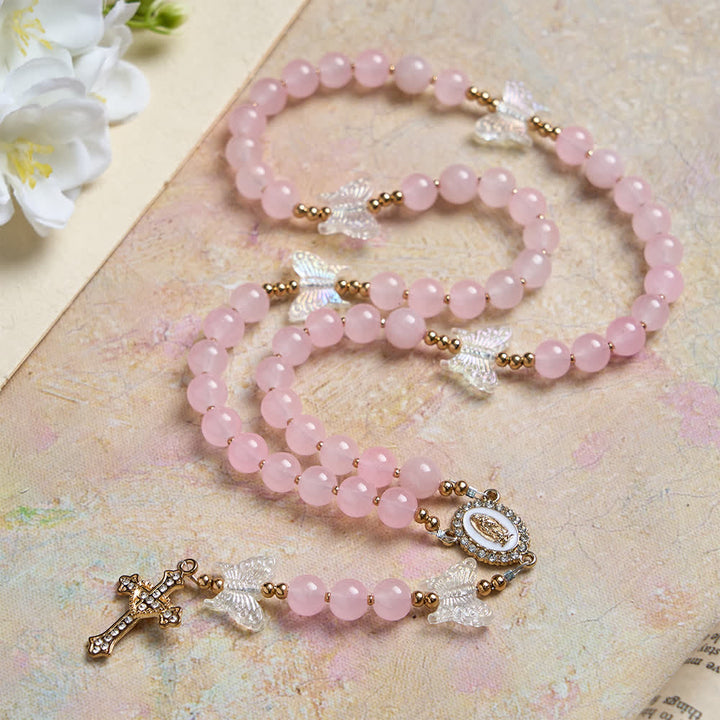 FREE Today: Soft Pink Glass Butterfly Rosary with Sparkling Our Lady & Cross - Our Lady & Cross - image 0