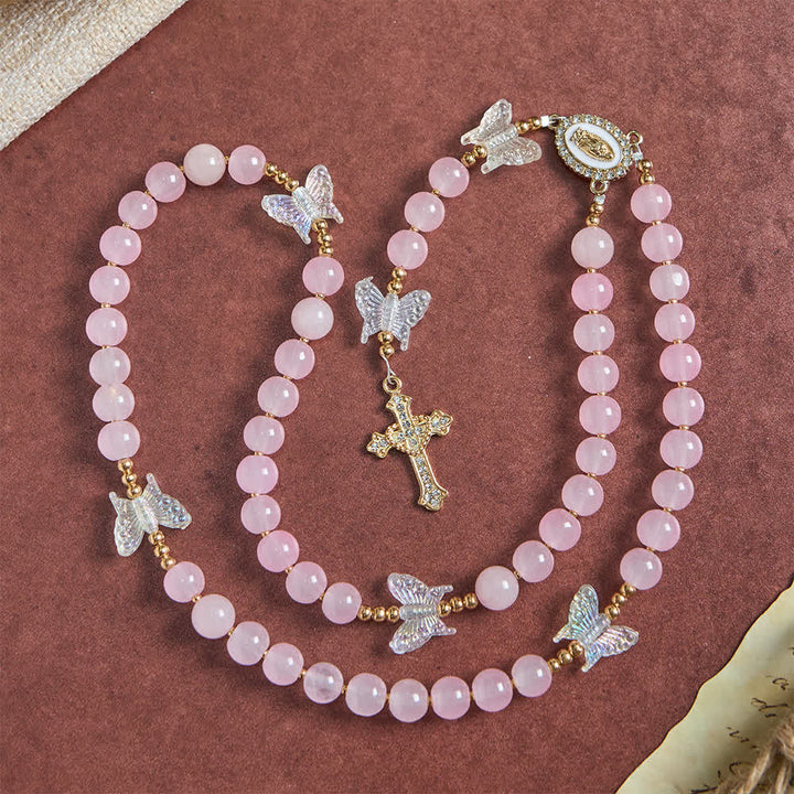 FREE Today: Soft Pink Glass Butterfly Rosary with Sparkling Our Lady & Cross - image 3