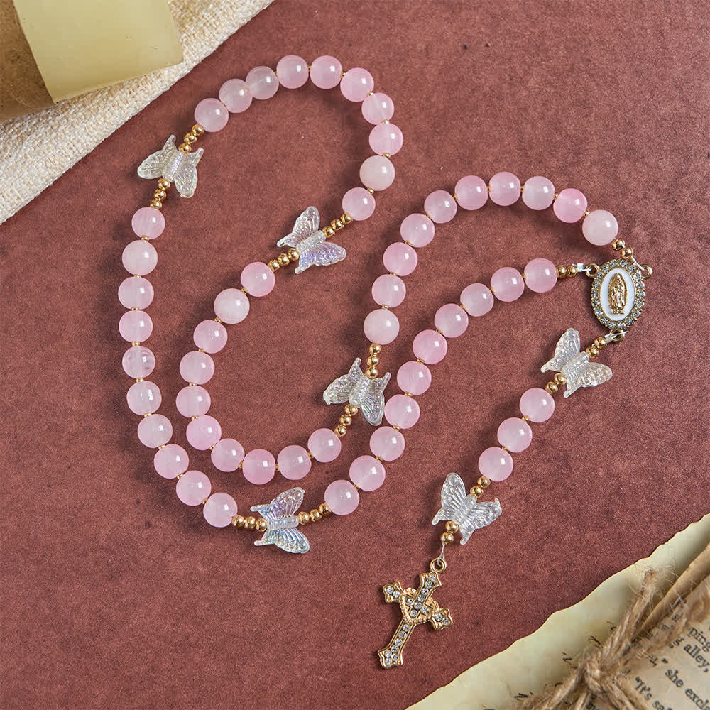 FREE Today: Soft Pink Glass Butterfly Rosary with Sparkling Our Lady & Cross - image 2