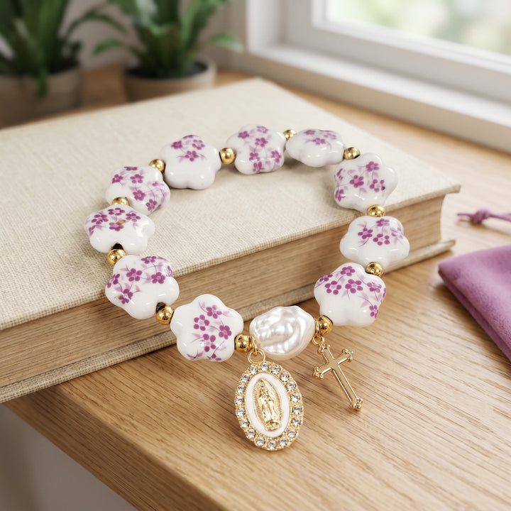 Christianartworkshop Floral Ceramic Porcelain Bracelet With Our Lady Medal & Cross Pendant (3 Styles) - image 10