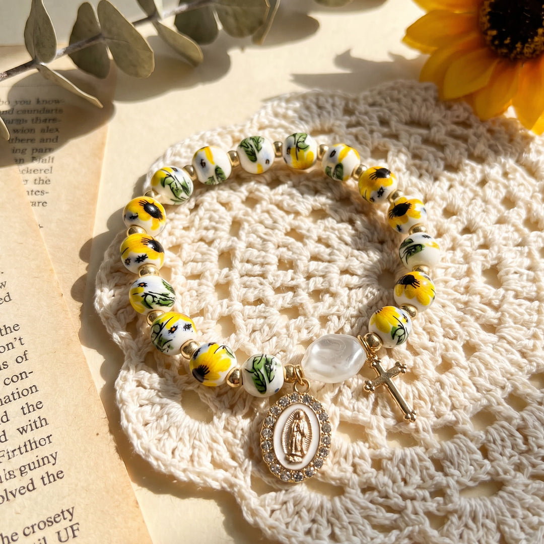 Christianartworkshop Floral Ceramic Porcelain Bracelet With Our Lady Medal & Cross Pendant (3 Styles) - image 2