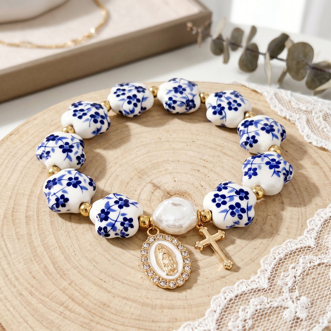 Christianartworkshop Floral Ceramic Porcelain Bracelet With Our Lady Medal & Cross Pendant (3 Styles) - image 6
