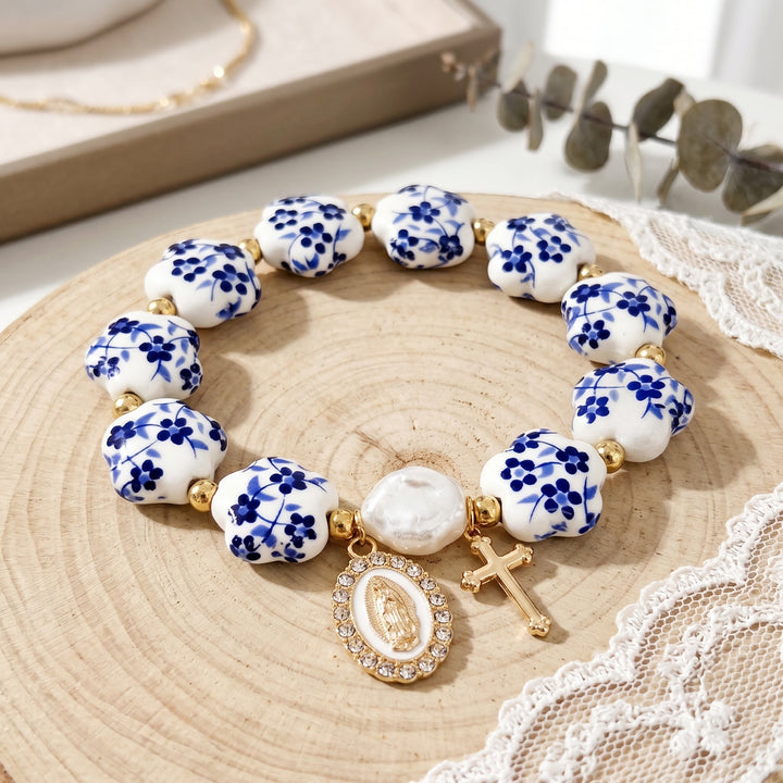 Christianartworkshop Floral Ceramic Porcelain Bracelet With Our Lady Medal & Cross Pendant (3 Styles) - image 6