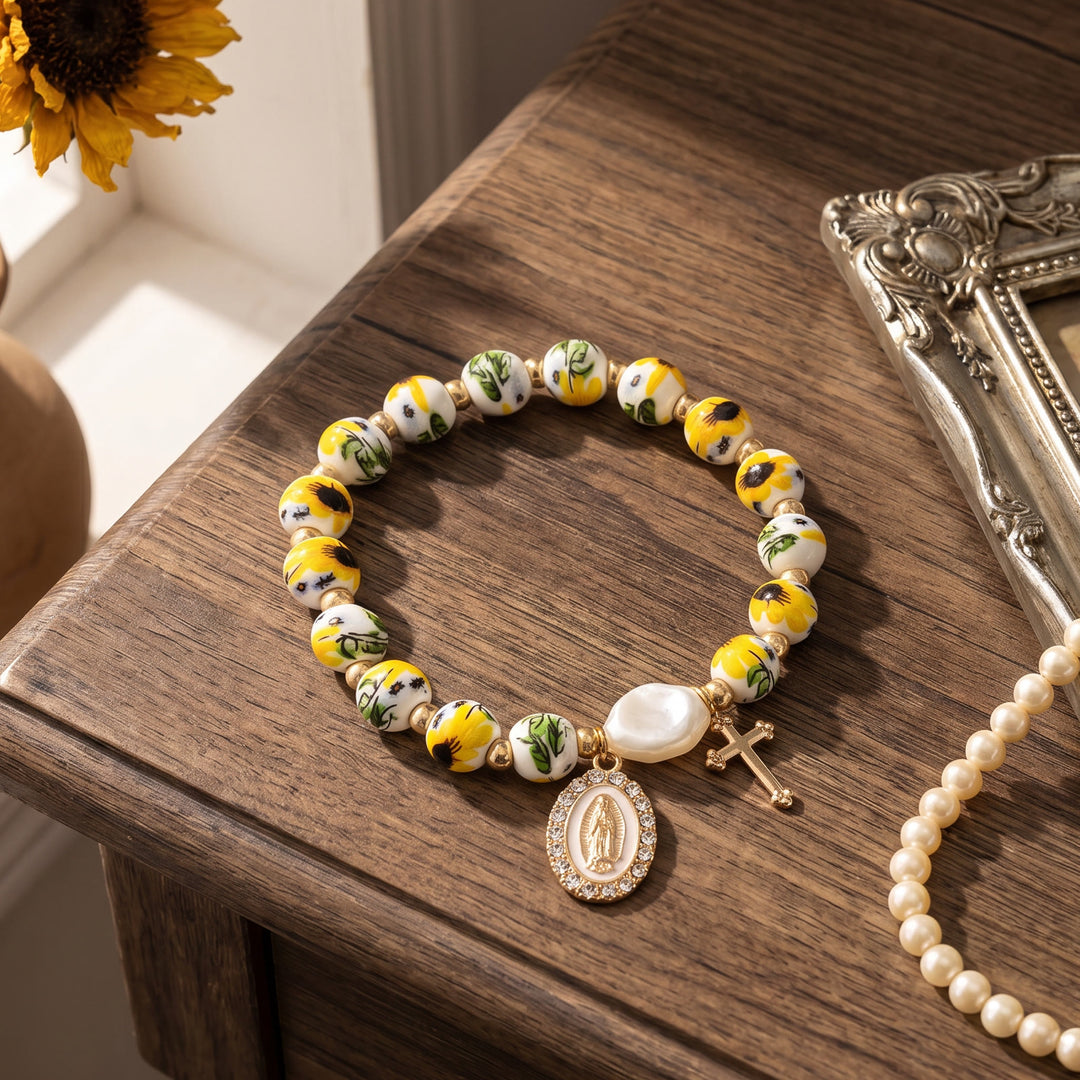 Christianartworkshop Floral Ceramic Porcelain Bracelet With Our Lady Medal & Cross Pendant (3 Styles) - image 3