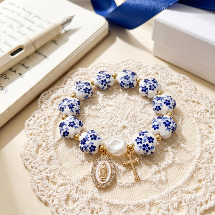 Christianartworkshop Floral Ceramic Porcelain Bracelet With Our Lady Medal & Cross Pendant (3 Styles) - image 7