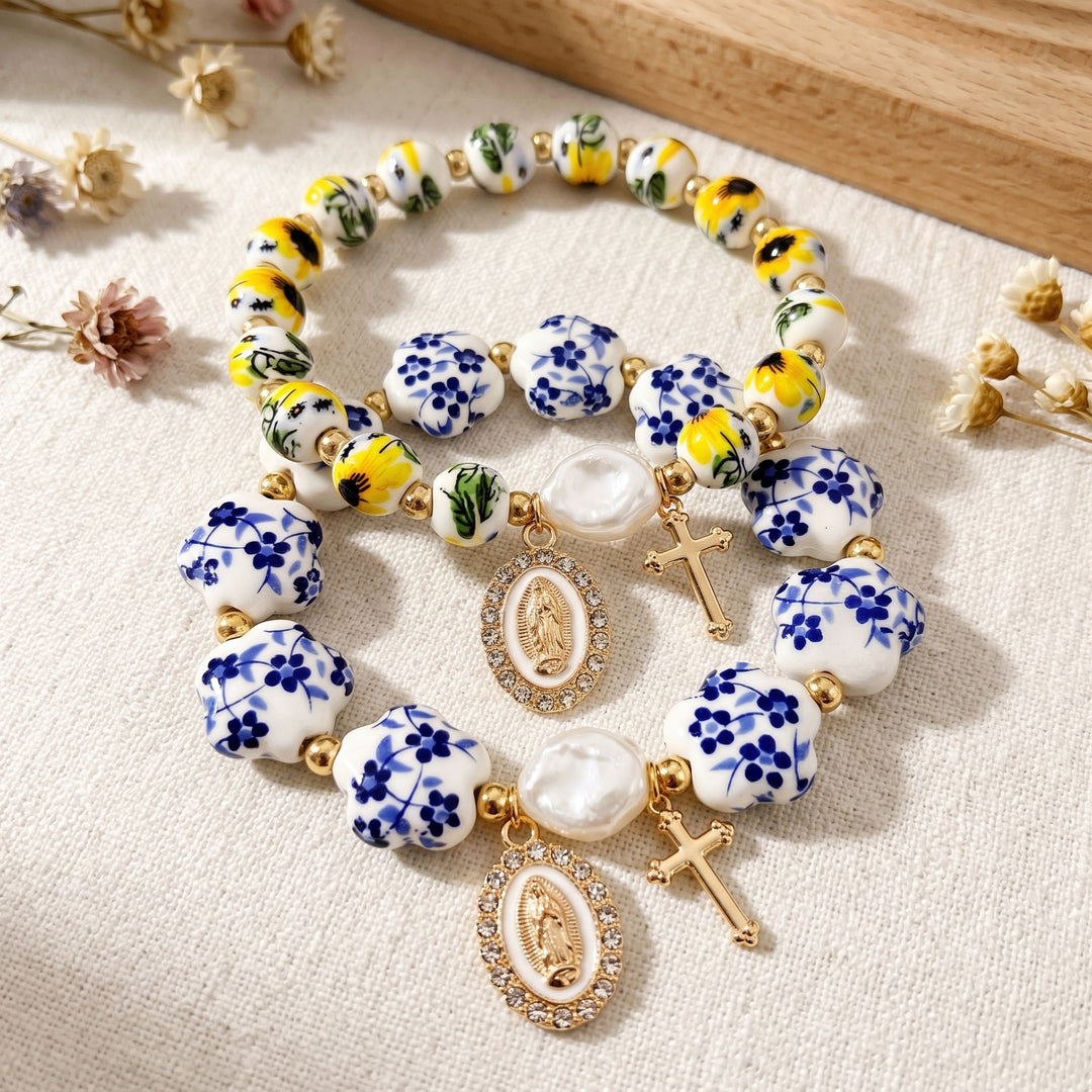 Christianartworkshop Floral Ceramic Porcelain Bracelet With Our Lady Medal & Cross Pendant (3 Styles) - image 1