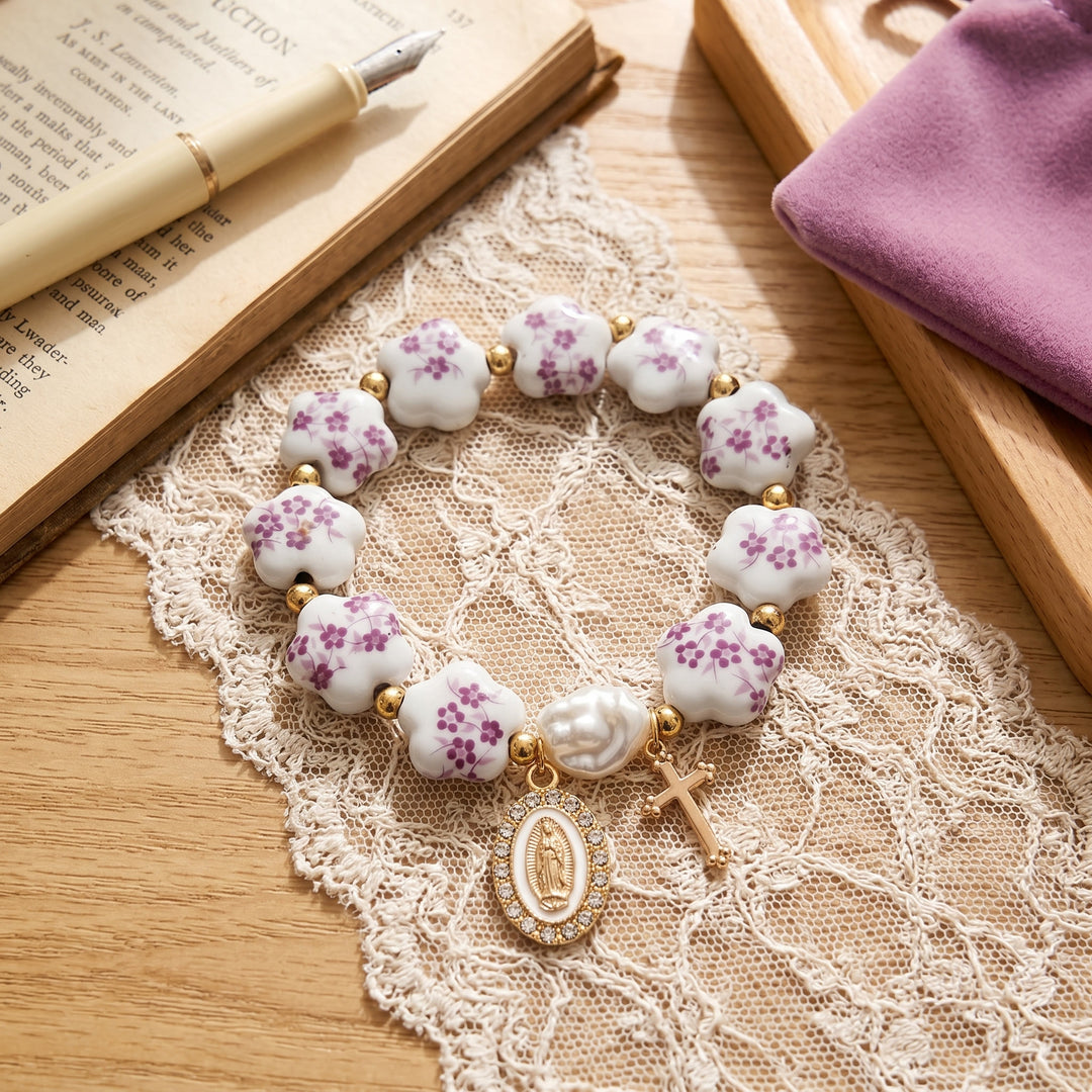 Christianartworkshop Floral Ceramic Porcelain Bracelet With Our Lady Medal & Cross Pendant (3 Styles) - image 9
