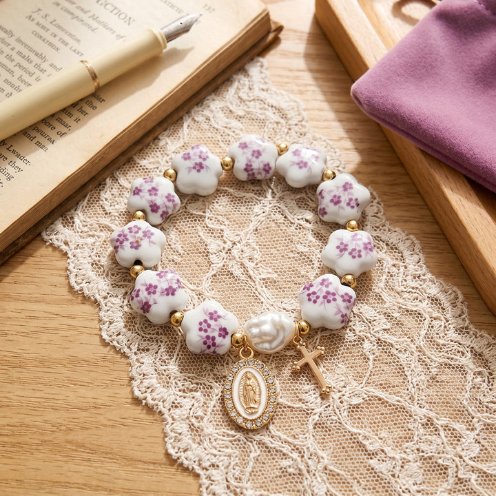 Christianartworkshop Floral Ceramic Porcelain Bracelet With Our Lady Medal & Cross Pendant (3 Styles) - image 9