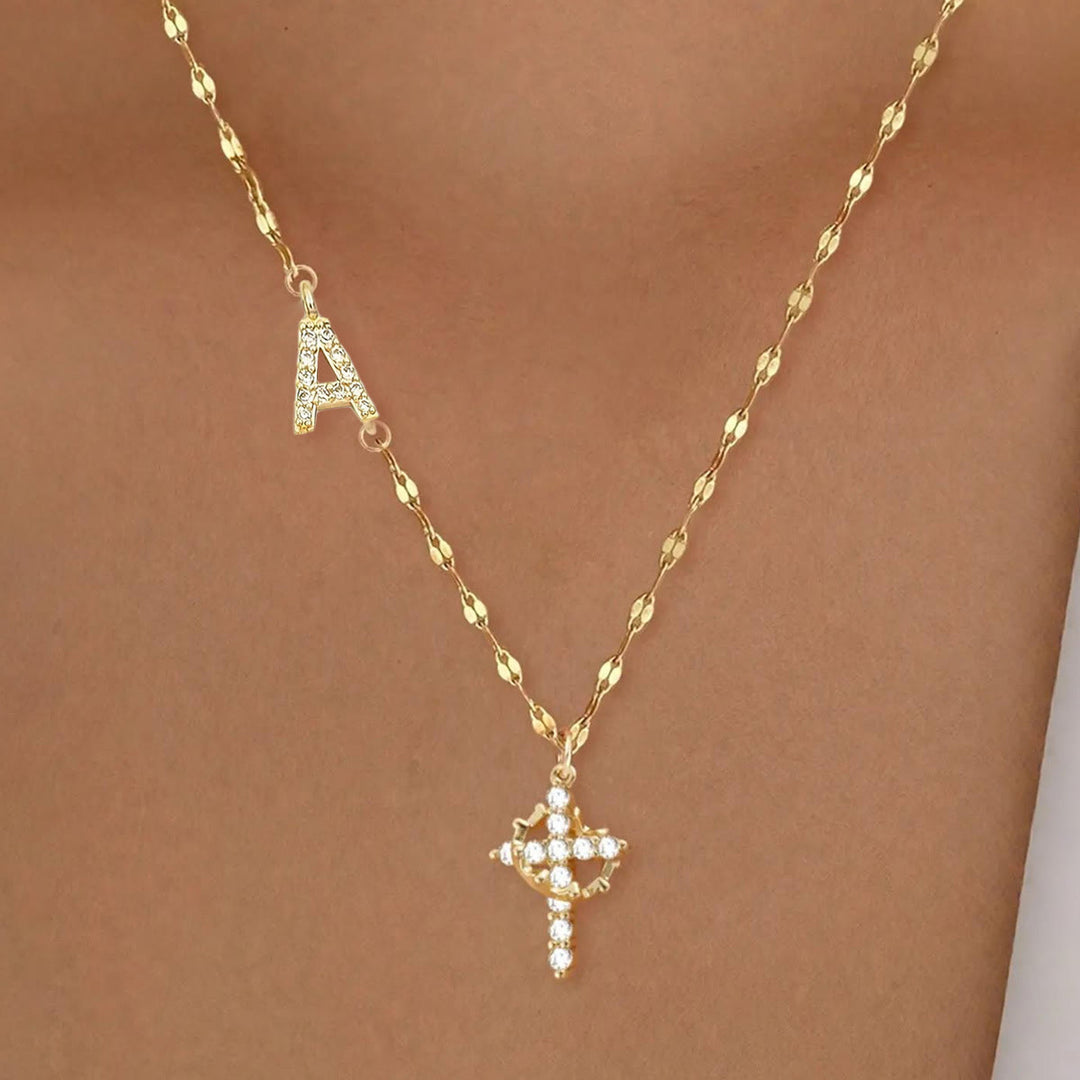 Christianartworkshop Golden & Silver-Tone Personalized A-Z Initial Crown Cross Necklace: Custom Sacred Faith Monogram Pendant Jewelry - A - Golden - image 0