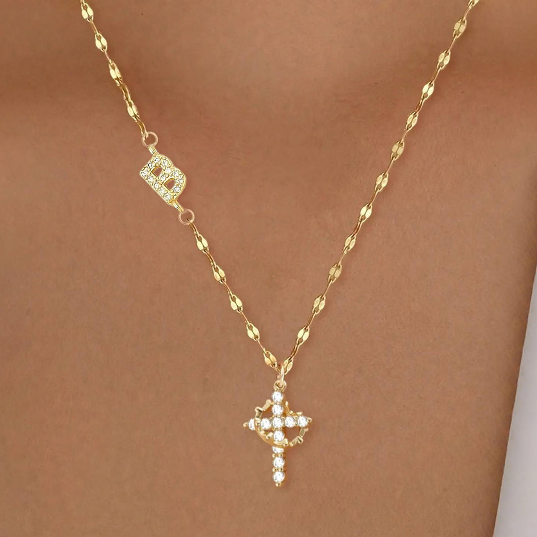 Christianartworkshop Golden & Silver-Tone Personalized A-Z Initial Crown Cross Necklace: Custom Sacred Faith Monogram Pendant Jewelry - B - Golden - image 3