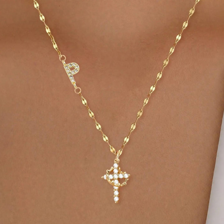 FREE Today: Golden & Silver-Tone Personalized A-Z Initial Crown Cross Necklace: Custom Sacred Faith Monogram Pendant Jewelry - P - Golden - image 18