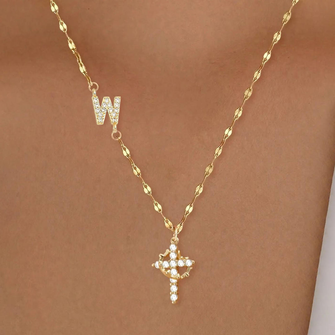 FREE Today: Golden & Silver-Tone Personalized A-Z Initial Crown Cross Necklace: Custom Sacred Faith Monogram Pendant Jewelry - W - Golden - image 25