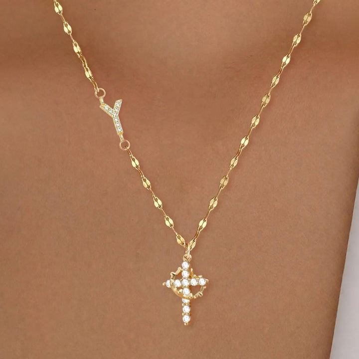 FREE Today: Golden & Silver-Tone Personalized A-Z Initial Crown Cross Necklace: Custom Sacred Faith Monogram Pendant Jewelry - Y - Golden - image 27