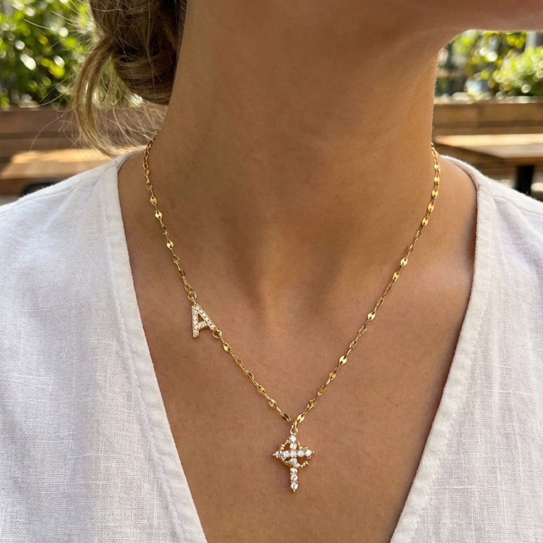 FREE Today: Golden & Silver-Tone Personalized A-Z Initial Crown Cross Necklace: Custom Sacred Faith Monogram Pendant Jewelry - image 2