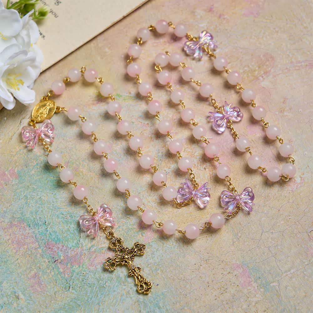 Christianartworkshop UV Color-Change Glass Beads Purple Bow Rosary: Where Sunlight Meets Faith - UV-color shift - image 0