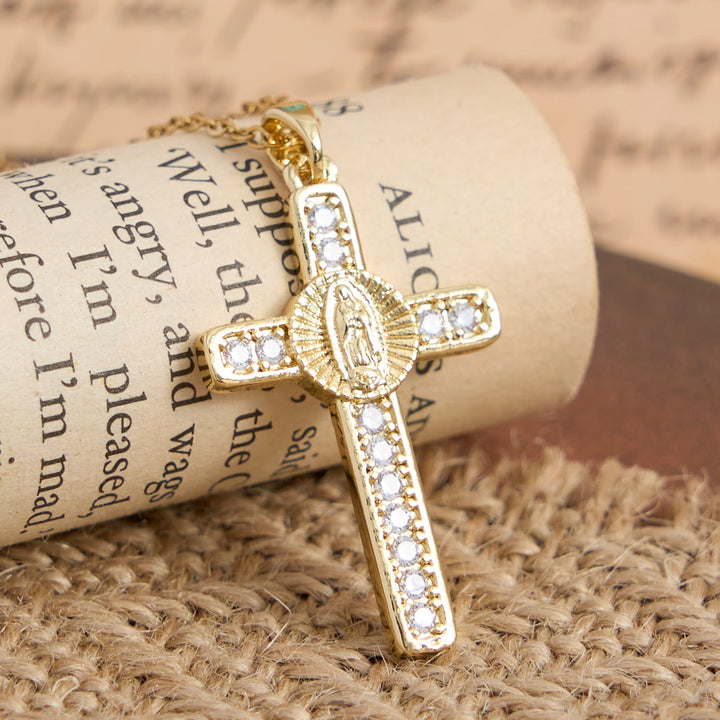 Christianartworkshop Sparkling Zircon Inlaid Our Lady Cross Necklace: Elegant Daily Devotional Faith Neck Wear - Golden - image 2