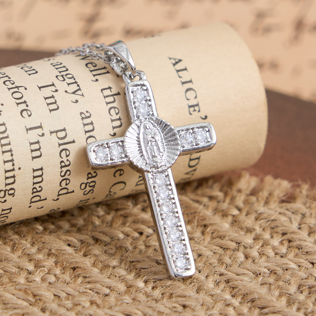 Christianartworkshop Sparkling Zircon Inlaid Our Lady Cross Necklace: Elegant Daily Devotional Faith Neck Wear - Silver - image 4