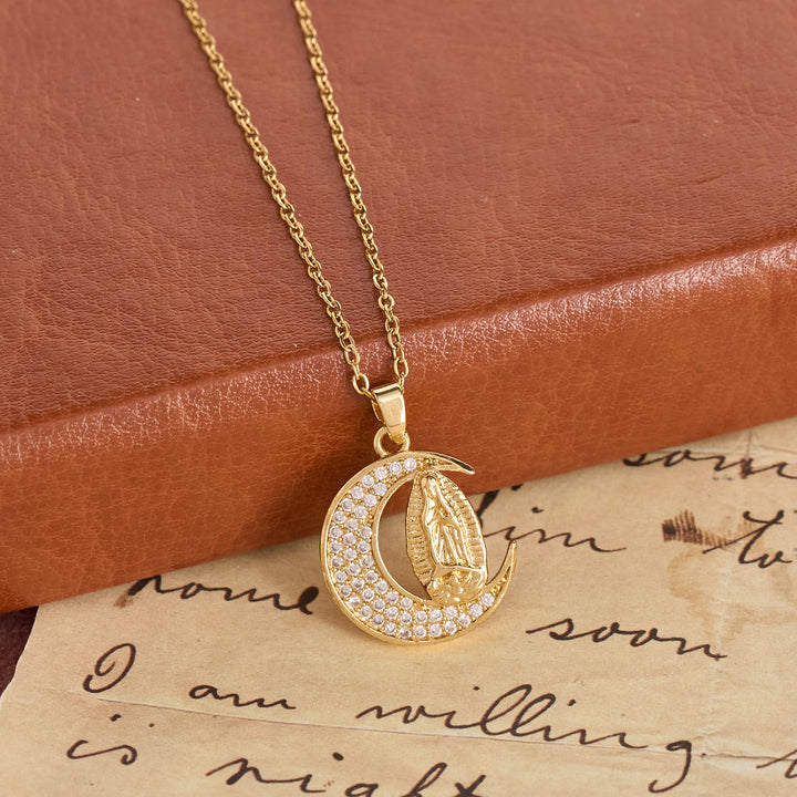 Christianartworkshop Crescent Moon Our Lady Zircon Necklace: Marian Grace Sacred Faith Pendant Jewelry - Moon & Our Lady - image 0
