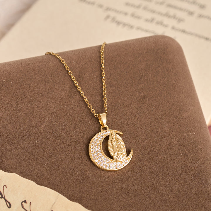 Christianartworkshop Crescent Moon Our Lady Zircon Necklace: Marian Grace Sacred Faith Pendant Jewelry - image 1