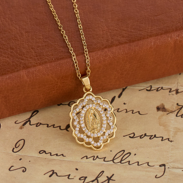 Christianartworkshop Ornate Lace-Edged Our Lady Zircon Necklace: Timeless Symbol Of Heavenly Maternal Protection - Our Lady - image 0