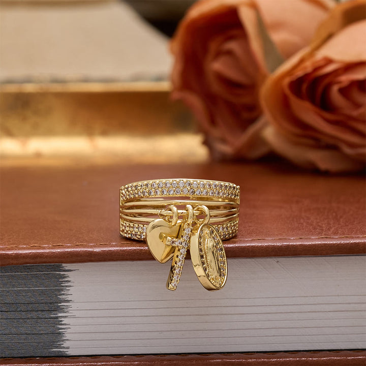 Christianartworkshop Zircon Virgin Mary Cross & Heart Charm Open Ring: A Symbol of Marian Grace and Sacred Love - image 6