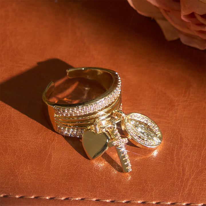 Christianartworkshop Zircon Virgin Mary Cross & Heart Charm Open Ring: A Symbol of Marian Grace and Sacred Love - Golden(Suitable for US Sizes 7-9) - image 5