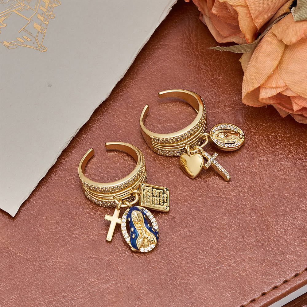 Christianartworkshop Zircon Virgin Mary Cross & Heart Charm Open Ring: A Symbol of Marian Grace and Sacred Love - image 2