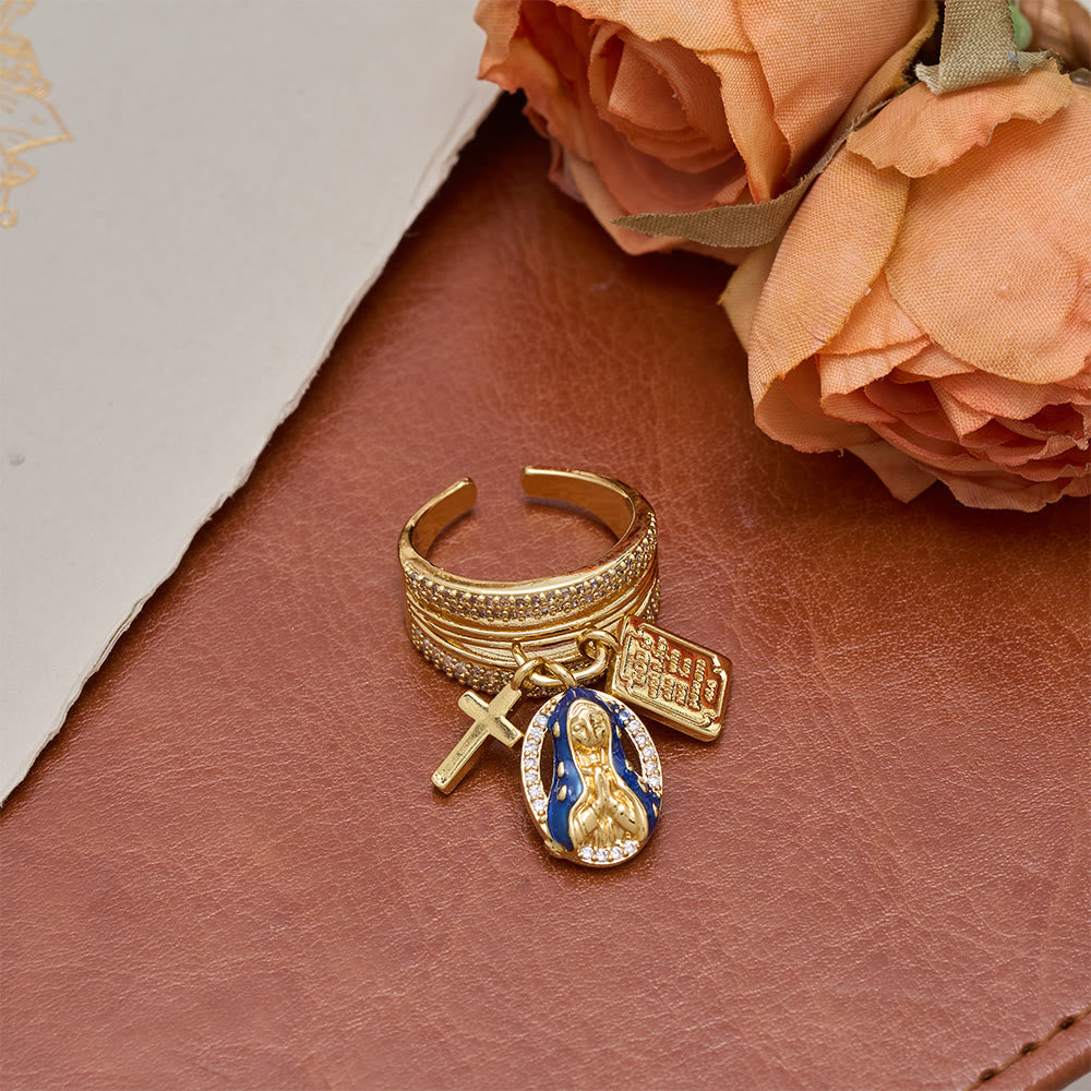 Christianartworkshop Zircon Virgin Mary Cross & Heart Charm Open Ring: A Symbol of Marian Grace and Sacred Love - image 4