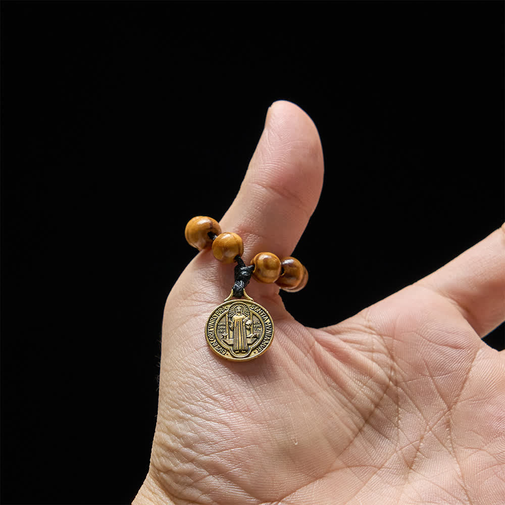 Christianartworkshop Natural Pine Wood Finger Rosary with Vintage St. Benedict Medal - image 1