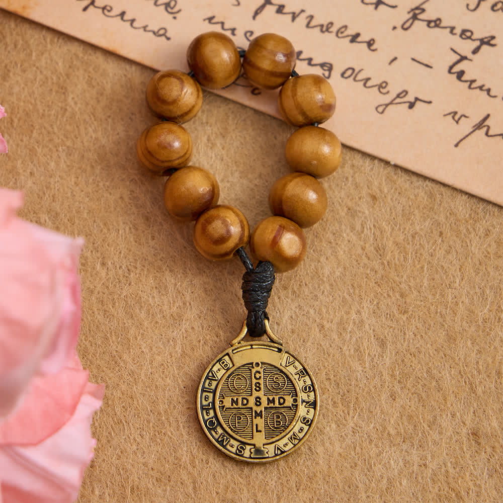Christianartworkshop Natural Pine Wood Finger Rosary with Vintage St. Benedict Medal - 10 Pcs - image 0