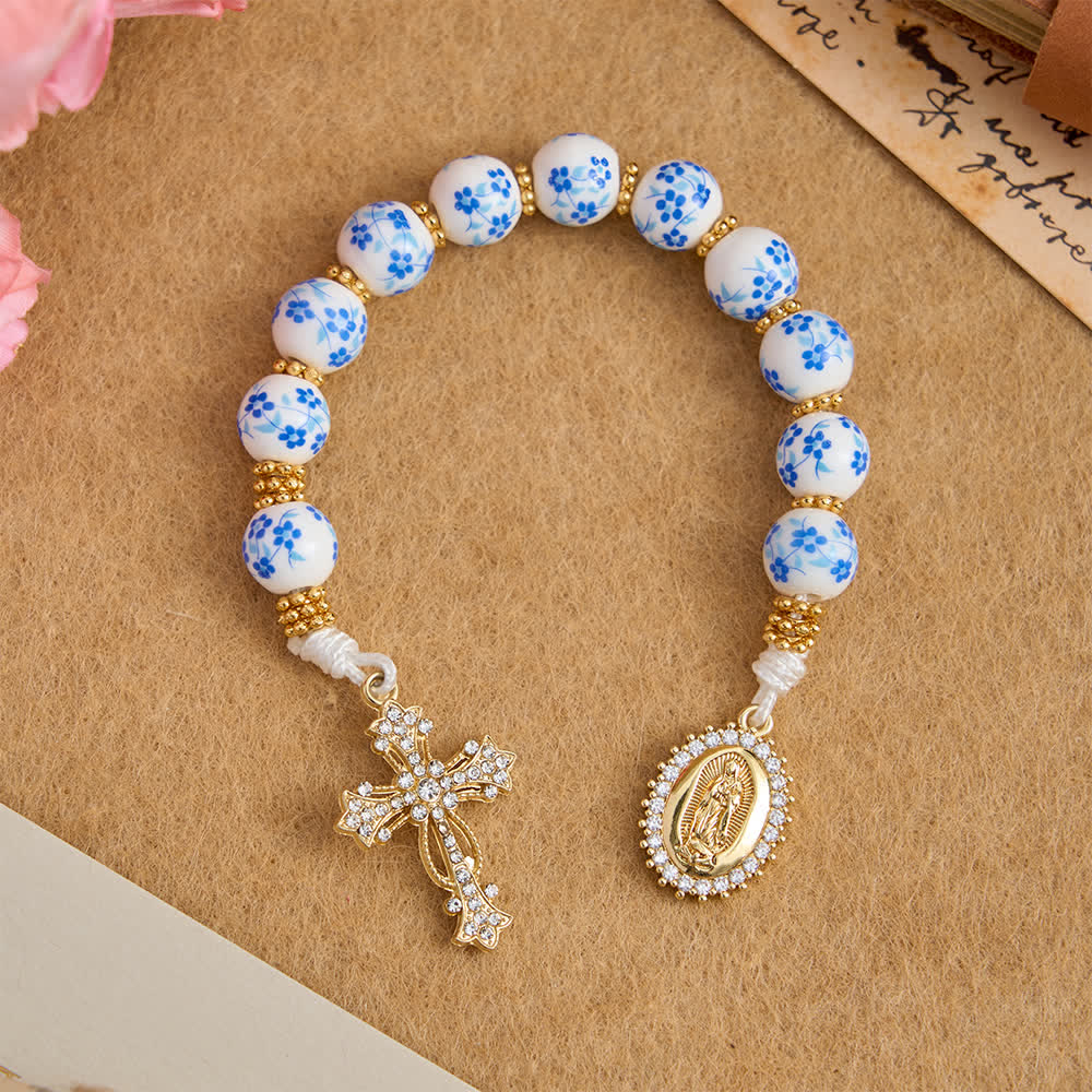 FREE Today: Blue Floral Porcelain Pocket Rosary with Elegant Our Lady & Cross - Our Lady & Cross - image 0