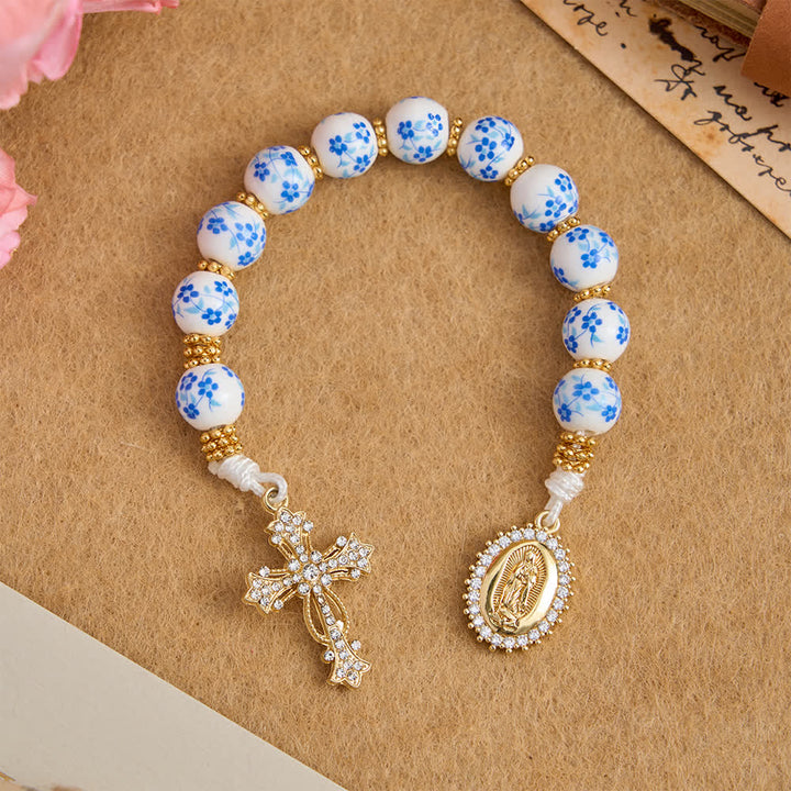 FREE Today: Blue Floral Porcelain Pocket Rosary with Elegant Our Lady & Cross - Our Lady & Cross - image 0