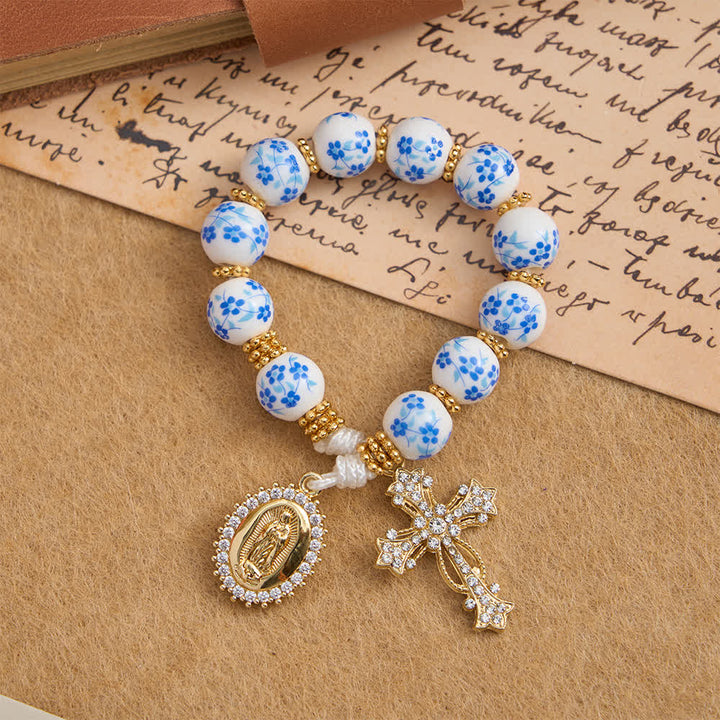 Christianartworkshop Blue Floral Porcelain Pocket Rosary with Elegant Our Lady & Cross - image 4