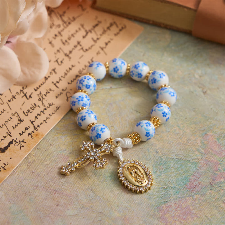 Christianartworkshop Blue Floral Porcelain Pocket Rosary with Elegant Our Lady & Cross - image 5
