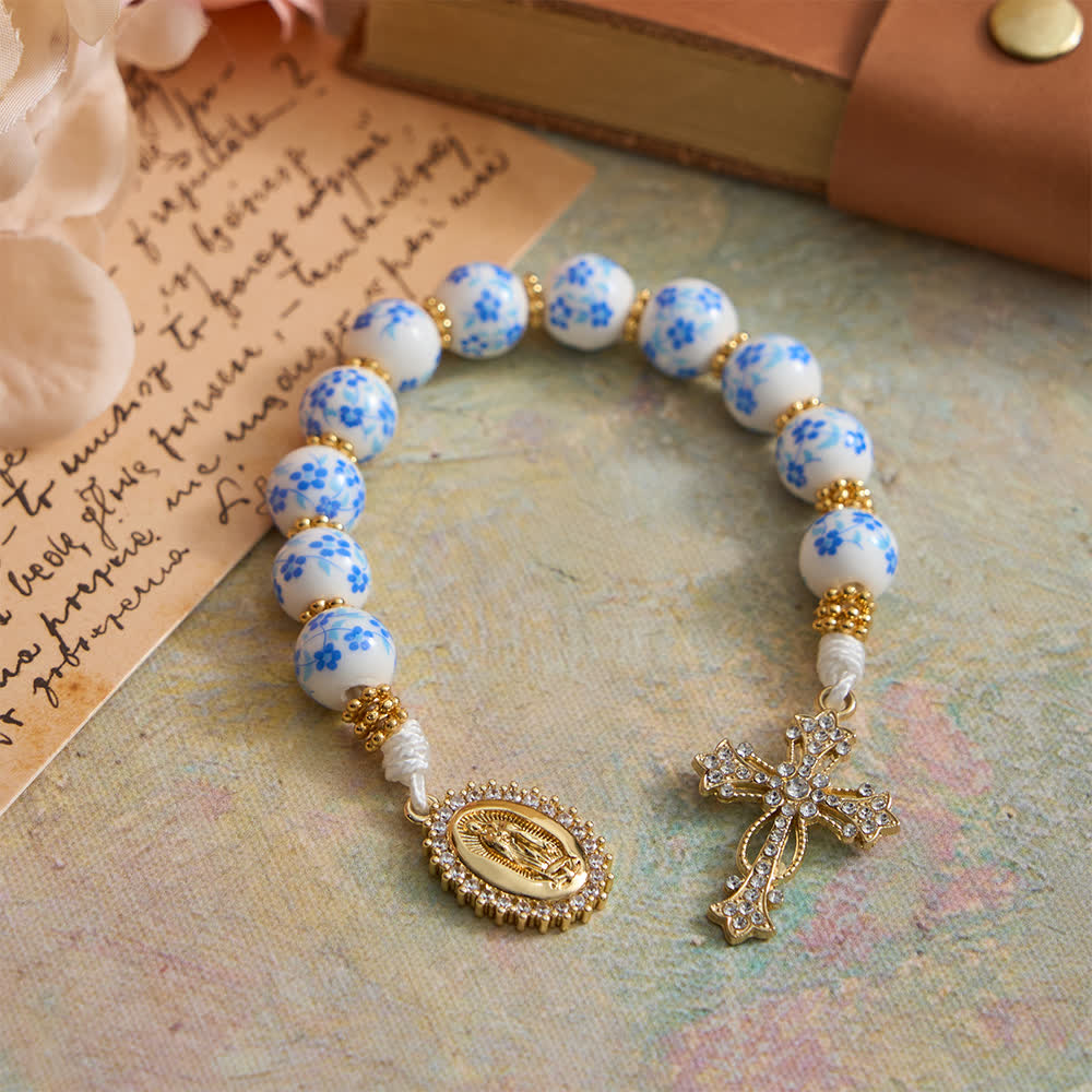 FREE Today: Blue Floral Porcelain Pocket Rosary with Elegant Our Lady & Cross - image 3
