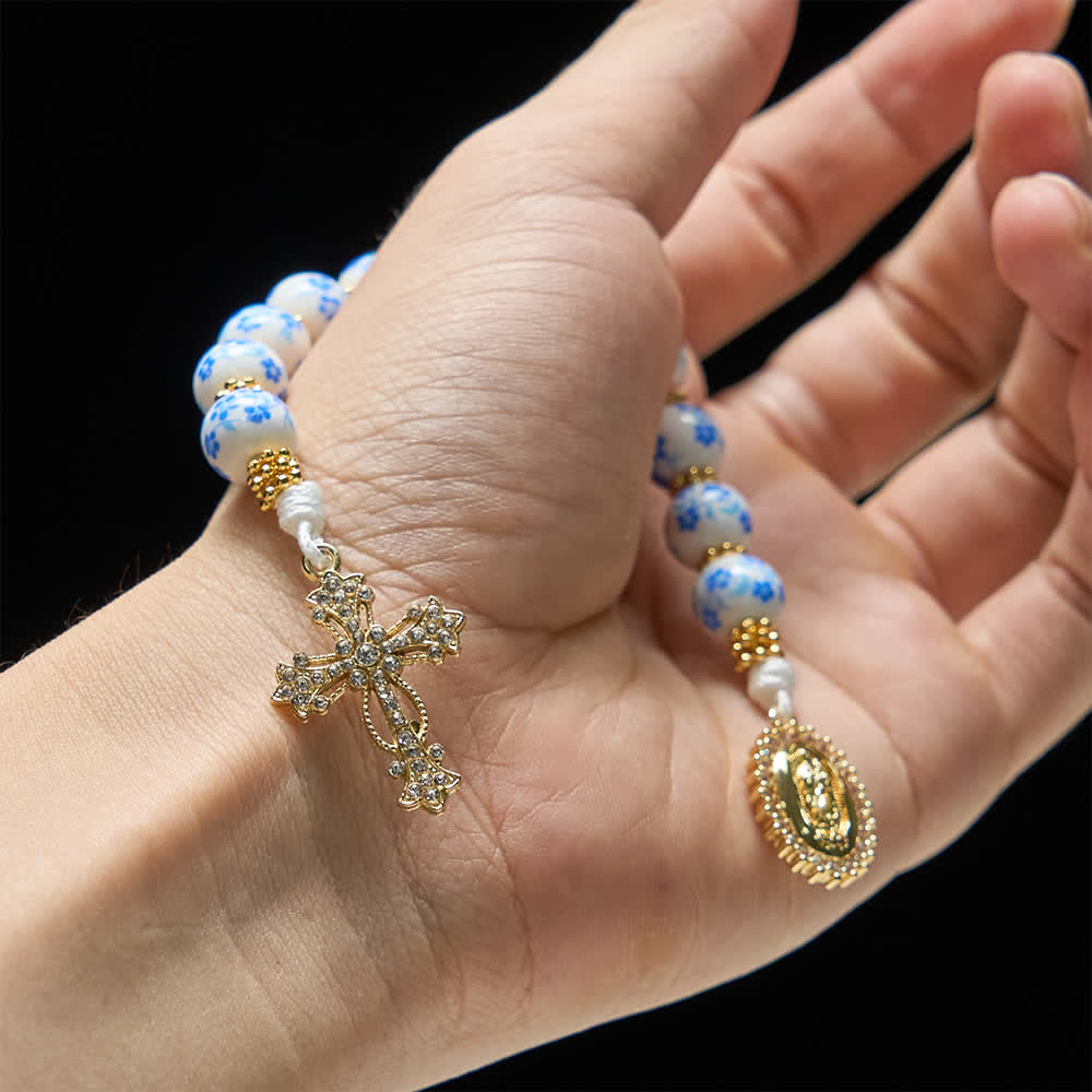 Christianartworkshop Blue Floral Porcelain Pocket Rosary with Elegant Our Lady & Cross - image 1