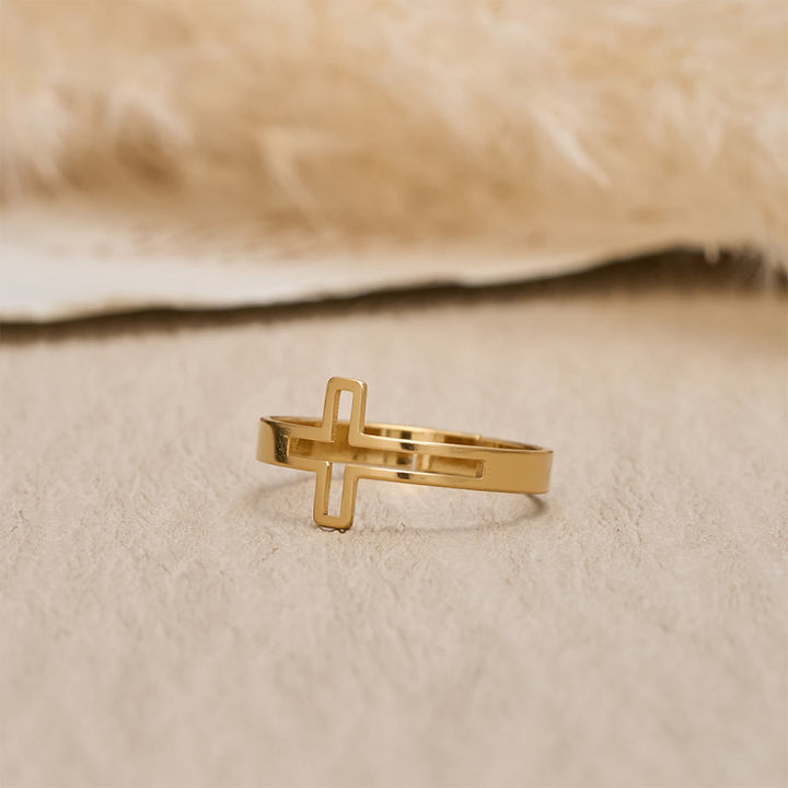 Christianartworkshop Minimalist Side Cut-Out Cross Open Ring: An Emblem of Understated Sacred Devotion - Golden - image 5