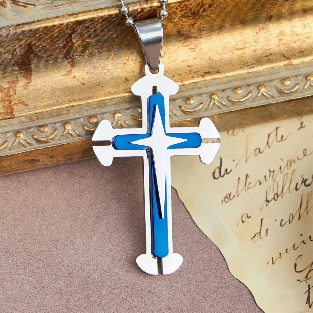 Christianartworkshop Three-Tier Split Cross Pendant Necklace: A Modern Symbol of Unwavering Faith - Blue - image 0